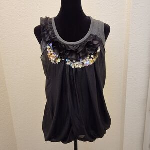 Grey and black Rola Dolls top with sequins and ruffles